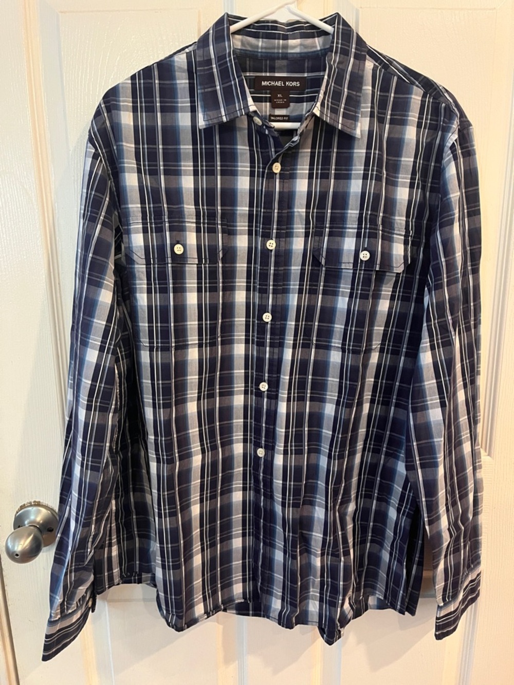 Michael Kors Navy and White Plaid Button-Down Shirt
